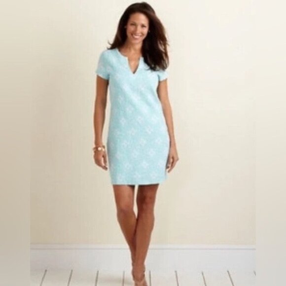 Vineyard Vines Womens Al Fresco Dress Size 4 Aqua 100% Linen Embroidered - Picture 1 of 7